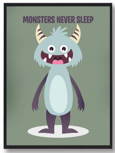 Grøn monsterplakat med et sjovt monster. Denne monsterplakat er i en flot stilrent design, som passer perfekt til børneværelset.