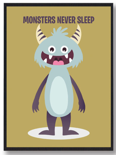 Gul monsterplakat med et sjovt monster. Denne monsterplakat er i en flot stilrent design, som passer perfekt til børneværelset.