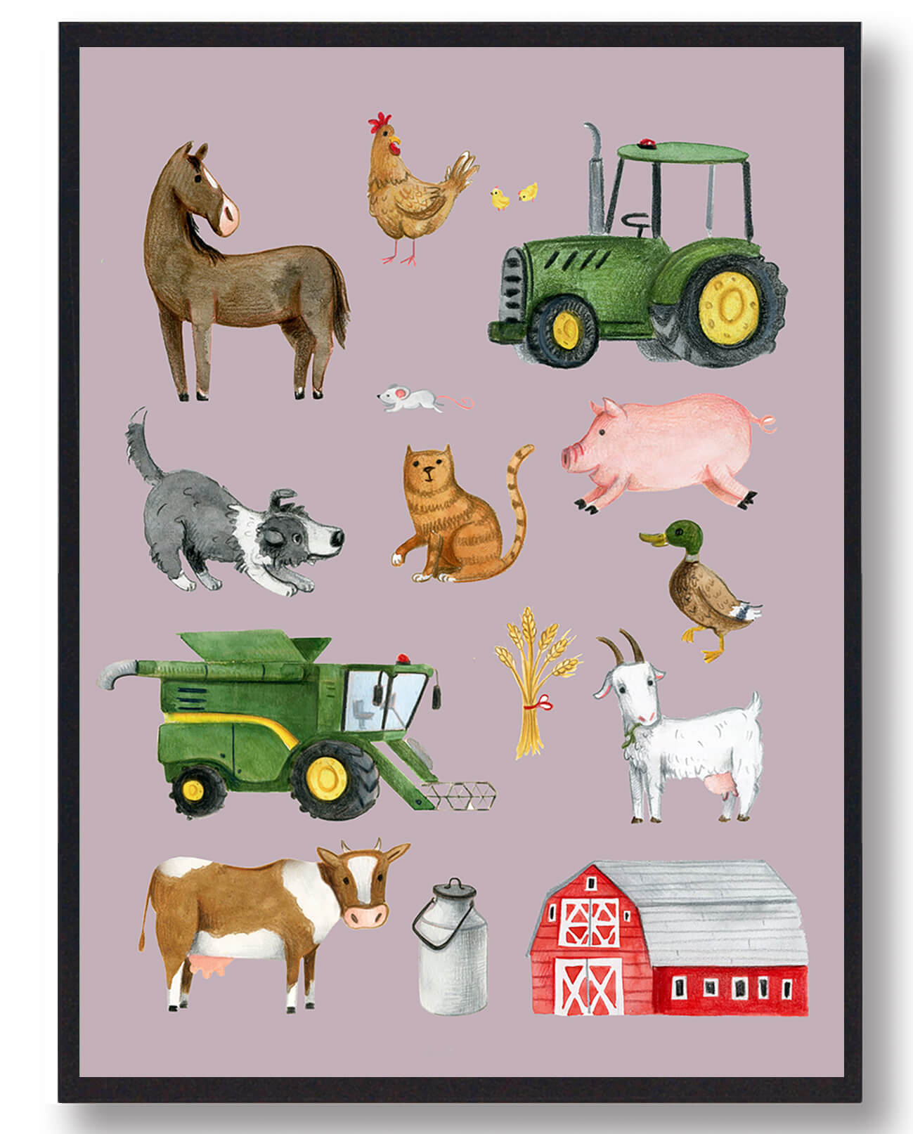 Bondegårdsdyr Håndtegnet Plakat Lyserød Størrelse: 30x40cm