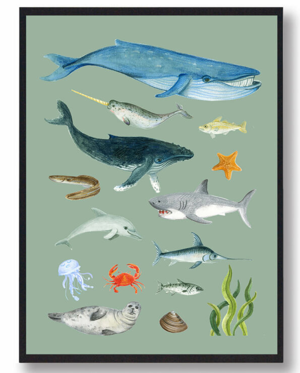 Dyr i havet – håndtegnet plakat (grøn)