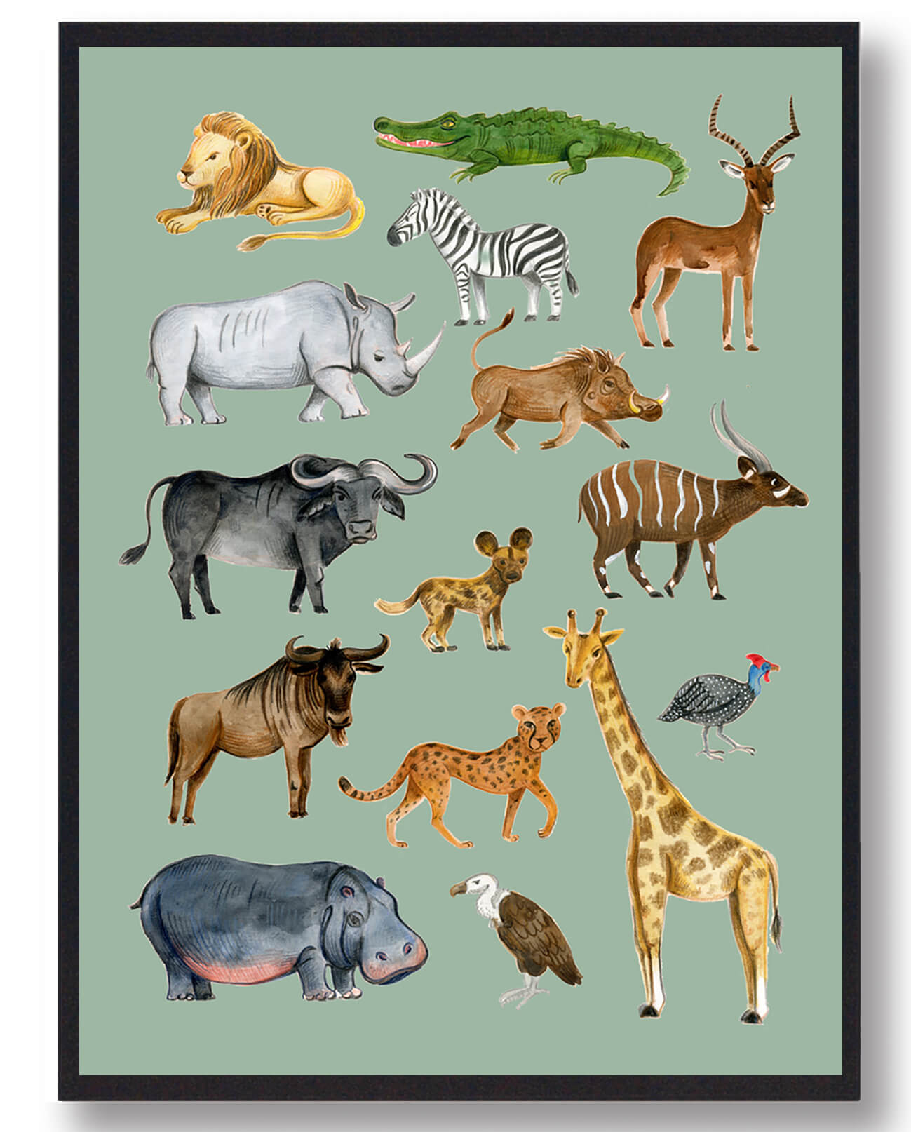 Afrikas Dyr Håndtegnet Plakat Grøn Størrelse: 21x29 7cm