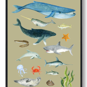 Dyr i havet – håndtegnet plakat (gul)