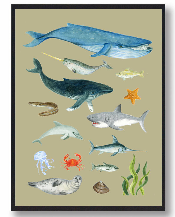 Dyr i havet – håndtegnet plakat (gul)
