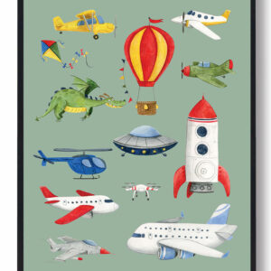 Fly og helikopter - håndtegnet plakat (grøn)