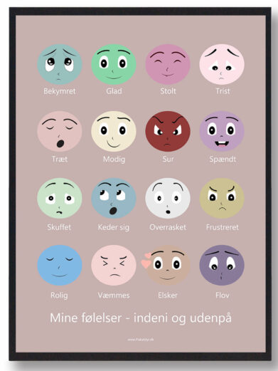 Plakat med mine følelser, så du kan lære at snakke om barnets følelser. Plakaten er i en flot rosa farve som gør det nemmere at snakke om ens følelser