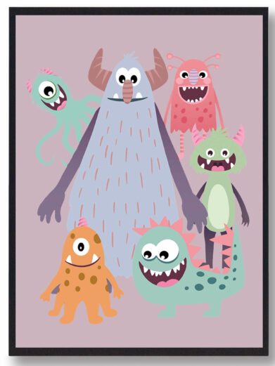 Billig monsterplakat som passer godt til børneværelset. Denne billige monsterplakat er i en flot lyserød farve, som passer perfekt til børneværelset.