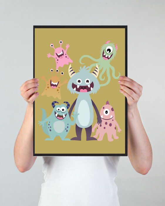 Flot monsterplakat i flotte nuancer til børneværelset. Denne monsterplakat har mange forskellige monster og er i en flot gul nuance, som passer perfekt til børneværelset.