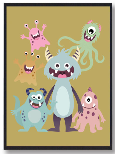 Flot monsterplakat i flotte nuancer til børneværelset. Denne monsterplakat har mange forskellige monster og er i en flot gul nuance, som passer perfekt til børneværelset.