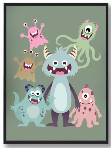 Flot monsterplakat i flotte nuancer til børneværelset. Denne monsterplakat har mange forskellige monster og er i en flot grøn nuance, som passer perfekt til børneværelset.