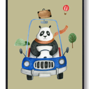 Panda i bil - håndtegnet plakat (gul)