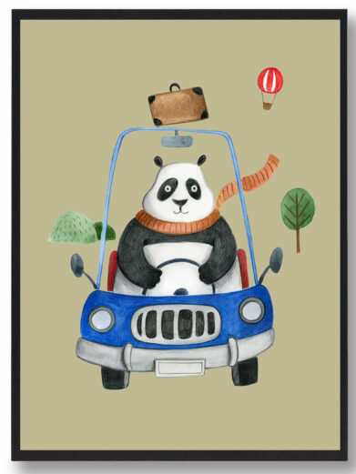 Panda i bil - håndtegnet plakat (gul)