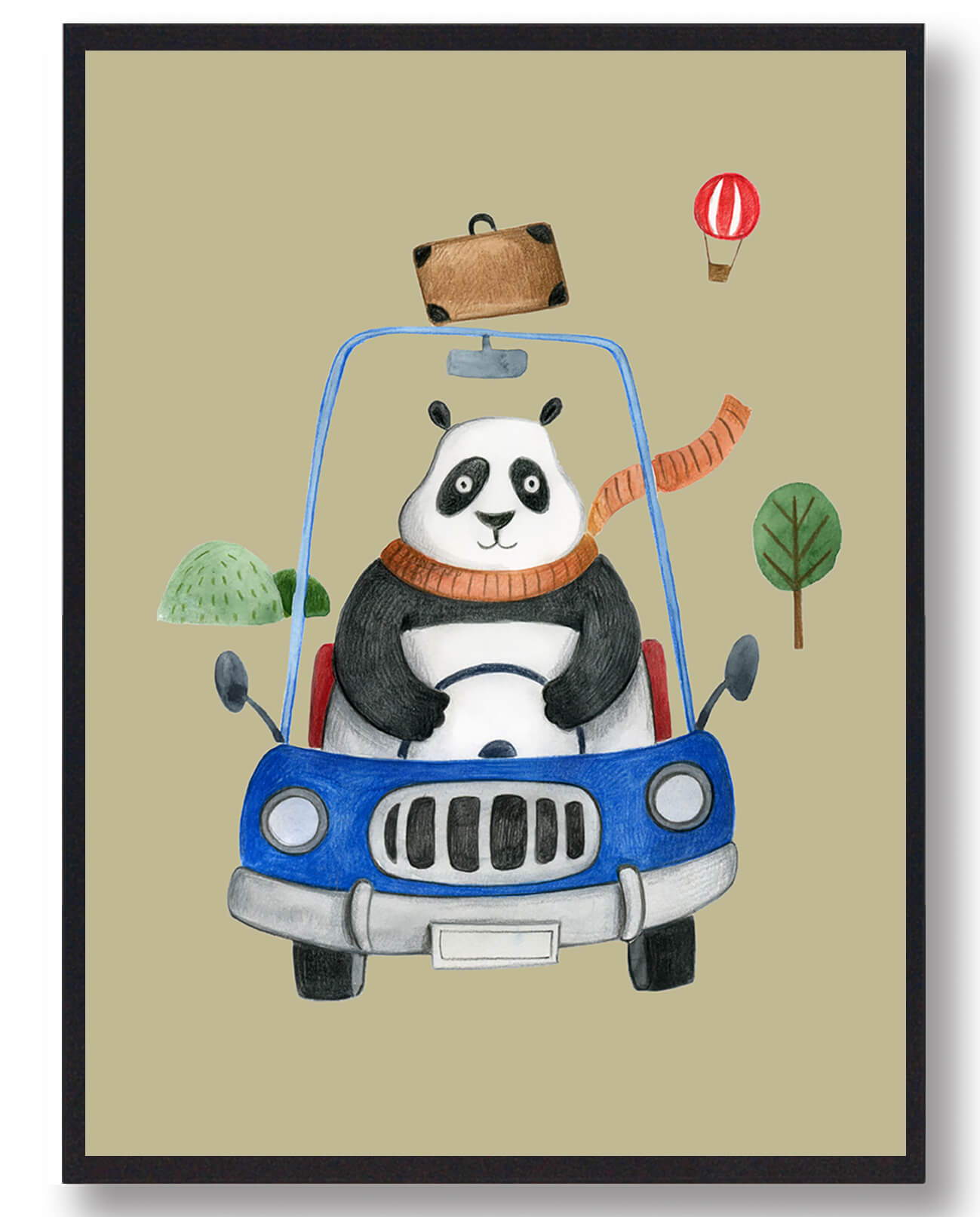 Panda I Bil Håndtegnet Plakat Gul