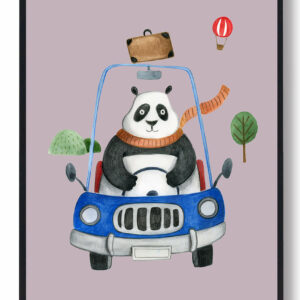 Panda i bil - håndtegnet plakat (lyserød)