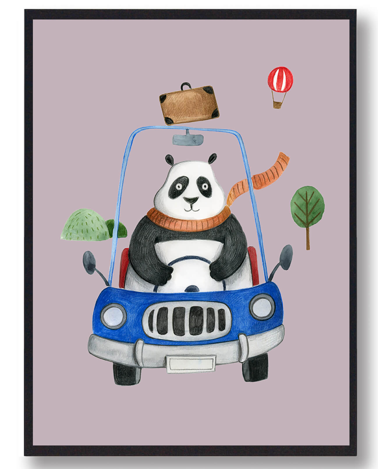 Panda I Bil Håndtegnet Plakat Lyserød