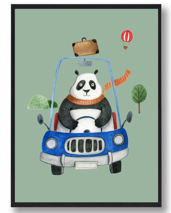 Panda i bil - håndtegnet plakat (grøn)
