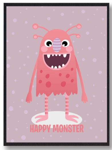 "Det smilende monster" plakat: Pink monster on a lavender background with polka dots. Cute monster art for kids' room.