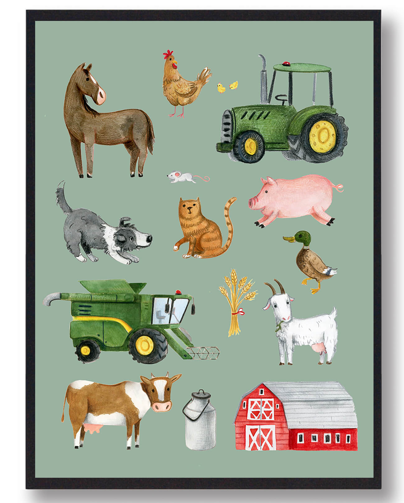 Bondegårdsdyr Håndtegnet Plakat Grøn Størrelse: 30x40cm