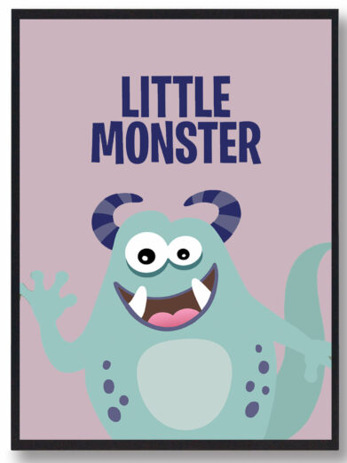 The 'Det smilende monster' poster features a cute, light blue cartoon monster on a lavender background, perfect for a child's room.