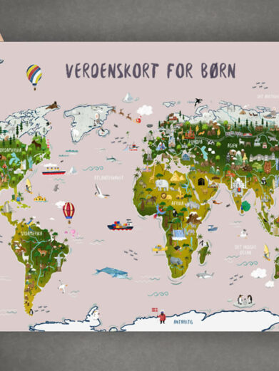 Håndtegnet verdenskort plakat til børn. Denne flotte børneplakat med verdenskortet med rosa lyserød baggrund, passer perfekt ind på børneværelset
