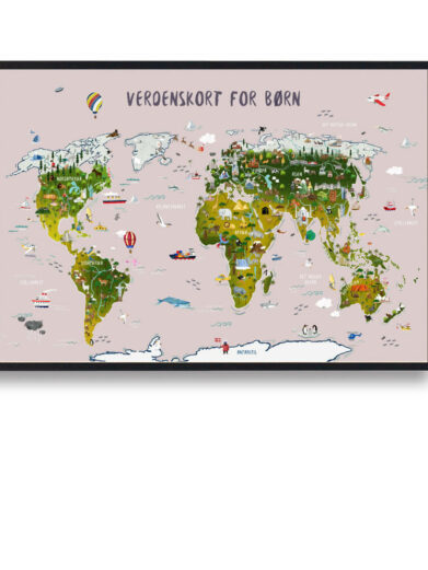Håndtegnet verdenskort plakat til børn. Denne flotte børneplakat med verdenskortet med rosa lyserød baggrund, passer perfekt ind på børneværelset