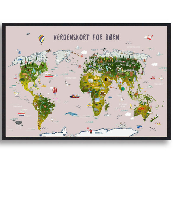 Håndtegnet verdenskort plakat til børn. Denne flotte børneplakat med verdenskortet med rosa lyserød baggrund, passer perfekt ind på børneværelset