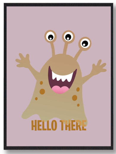 Smiling Monster Poster: A framed print featuring a friendly three-eyed monster with 'Hello There' text. Perfect for kids' rooms!