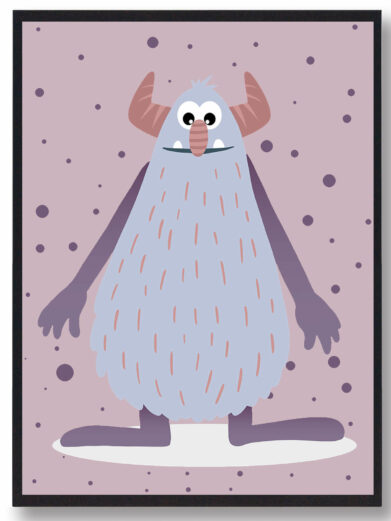 Smiling monster poster: A cute, light blue monster with horns on a purple dotted background. Perfect for a kids room.
