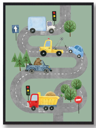 Vejplakat med biler - håndtegnet plakat (grøn)