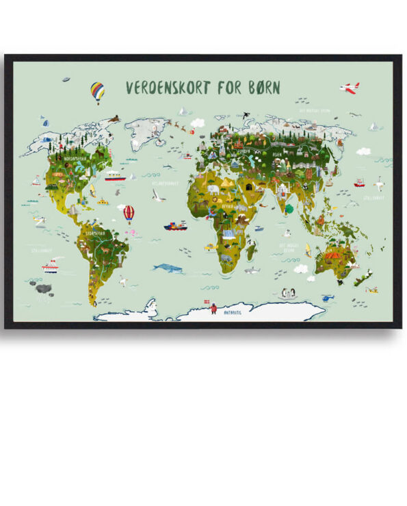 Håndtegnet verdenskort plakat til børn. Denne flotte børneplakat med verdenskortet med lysegrøn baggrund, passer perfekt ind på børneværelset