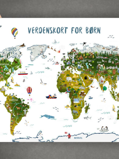 Håndtegnet verdenskort plakat til børn. Denne flotte børneplakat med verdenskortet med hvid baggrund, passer perfekt ind på børneværelset