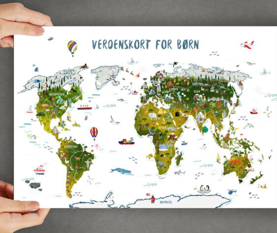 Håndtegnet verdenskort plakat til børn. Denne flotte børneplakat med verdenskortet med hvid baggrund, passer perfekt ind på børneværelset