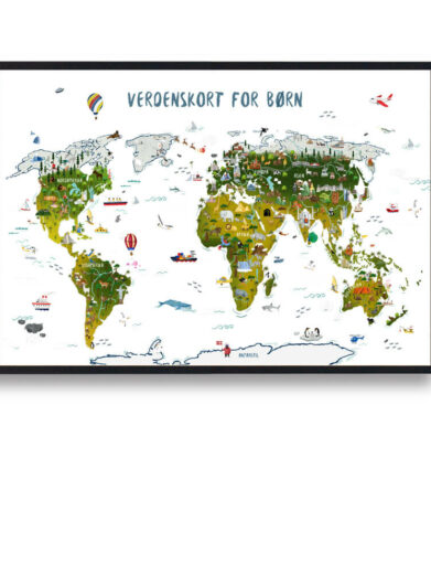 Håndtegnet verdenskort plakat til børn. Denne flotte børneplakat med verdenskortet med hvid baggrund, passer perfekt ind på børneværelset