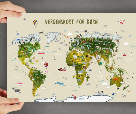 Håndtegnet verdenskort plakat til børn. Denne flotte børneplakat med verdenskortet med gul baggrund, passer perfekt ind på børneværelset