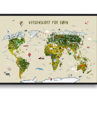 Håndtegnet verdenskort plakat til børn. Denne flotte børneplakat med verdenskortet med gul baggrund, passer perfekt ind på børneværelset