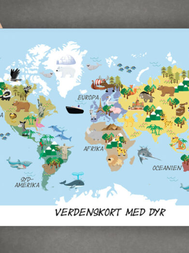 Verdenskort plakat med dyr til børn. Denne flotte børneplakat med verdenskortet med dyr passer perfekt ind på børneværelset