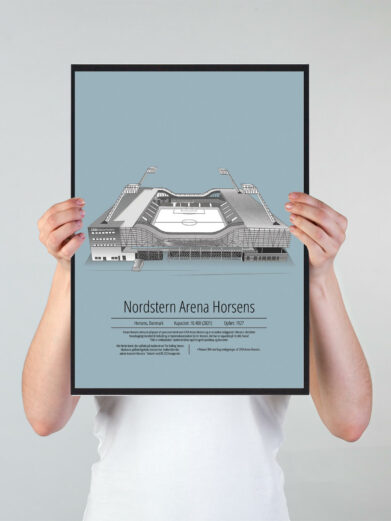 Fodbold plakat med AC Horsens stadion. Denne fodbold plakat med AC Horsens er i flot stilren lyseblå baggrund