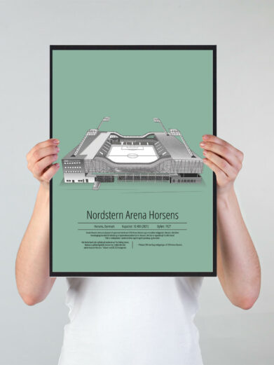 Fodbold plakat med AC Horsens stadion. Denne fodbold plakat med AC Horsens er i flot stilren grøn baggrund