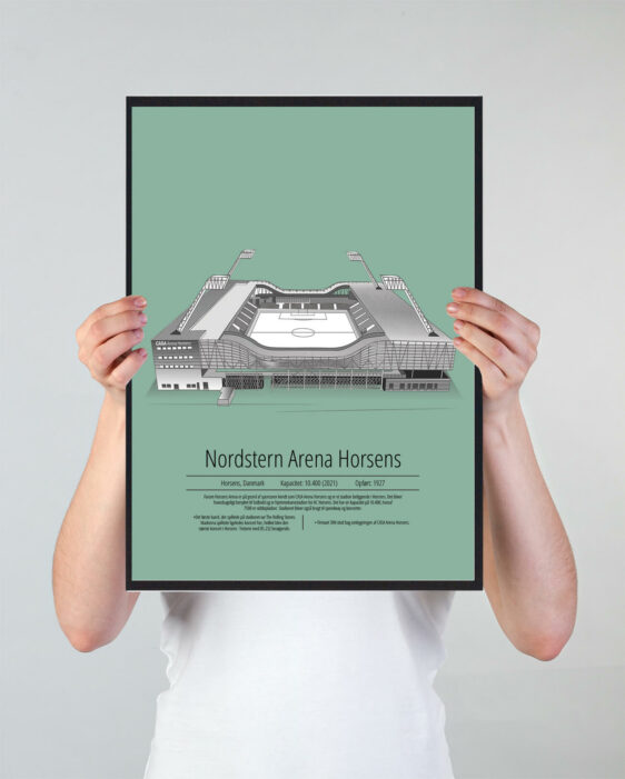Fodbold plakat med AC Horsens stadion. Denne fodbold plakat med AC Horsens er i flot stilren grøn baggrund