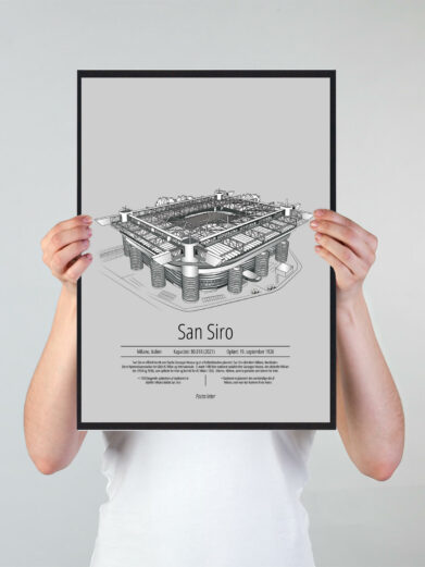 Fodbold plakat med AC Milan stadion. Denne fodbold plakat med AC Milan er i flot stilren grå baggrund