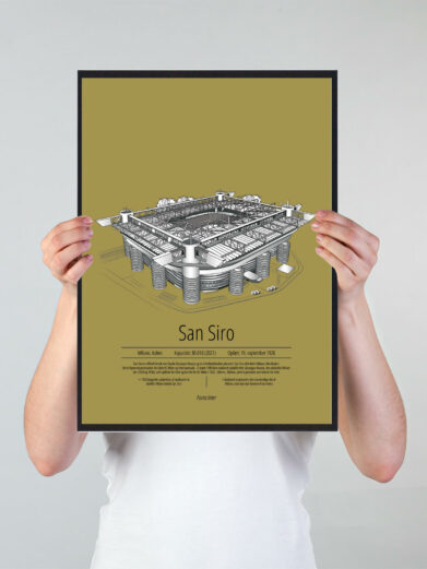 Fodbold plakat med AC Milan stadion. Denne fodbold plakat med AC Milan er i flot stilren gul baggrund