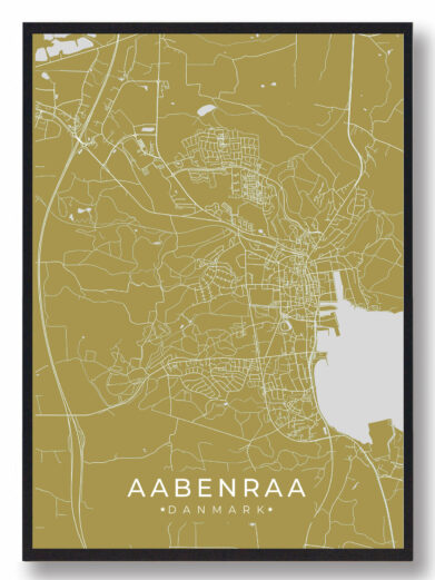 Aabenraa byplakat i stilrent design. Denne Aabenraa byplakat er med gul baggrund og viser Aabenraa fra sin smukkeste side