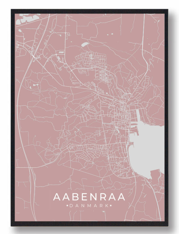 Aabenraa byplakat i stilrent design. Denne Aabenraa byplakat er med rosa baggrund og viser Aabenraa fra sin smukkeste side