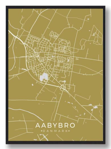 Aabybro plakat i karrygul. Bykort over Aabybro, Nordjylland. Stilfuldt design til dit hjem. Detaljeret kort med gader og veje.