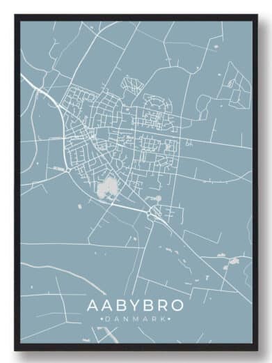 Aabybro plakat i grøn by tema. Lysblå baggrund med hvide vejstreger, stilfuldt bykort design. Nordjylland, Danmark.