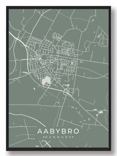 Aabybro grøn byplakat med gader og veje i mintgrøn nuance. Elegant design til væggen. Tilgængelig nu!