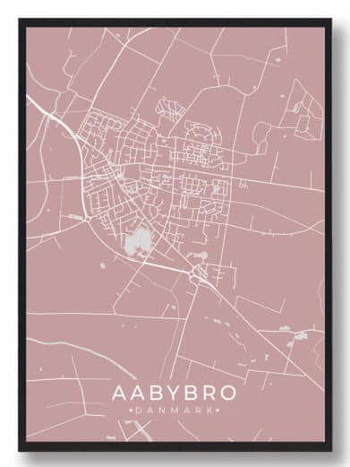Aabybro plakat i rosa: Detaljeret bykort med hvide linjer på en rosa baggrund, indrammet i sort. Visuelt tiltalende og moderne.