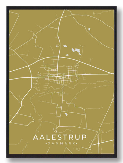 Aalestrup byplakat i stilrent design. Denne Aalestrup byplakat er med gul baggrund og viser Aalestrup fra sin smukkeste side