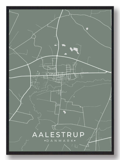 Aalestrup byplakat i stilrent design. Denne Aalestrup byplakat er med grøn baggrund og viser Aalestrup fra sin smukkeste side