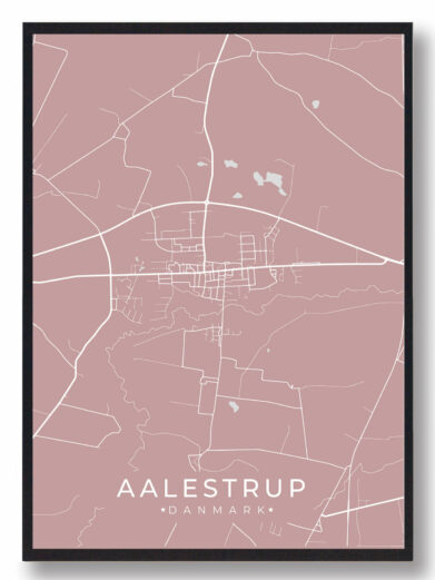 Aalestrup byplakat i stilrent design. Denne Aalestrup byplakat er med rosa baggrund og viser Aalestrup fra sin smukkeste side