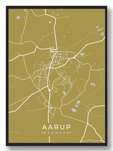 Aarup byplakat i stilrent design. Denne Aarup byplakat er med gul baggrund og viser Aarup fra sin smukkeste side